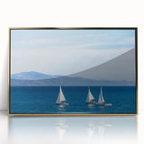 Large art print of Santa Barbara scenery in muted gold and blue tones on framed acrylic, ideal for modern art wall decor.