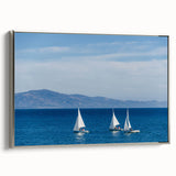 Landscape art painting of Santa Barbara, featuring a vibrant color palette on a silver-framed canvas.