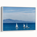 Vintage poster art of Santa Barbara with vibrant colors on a framed canvas, ideal for living room decor.