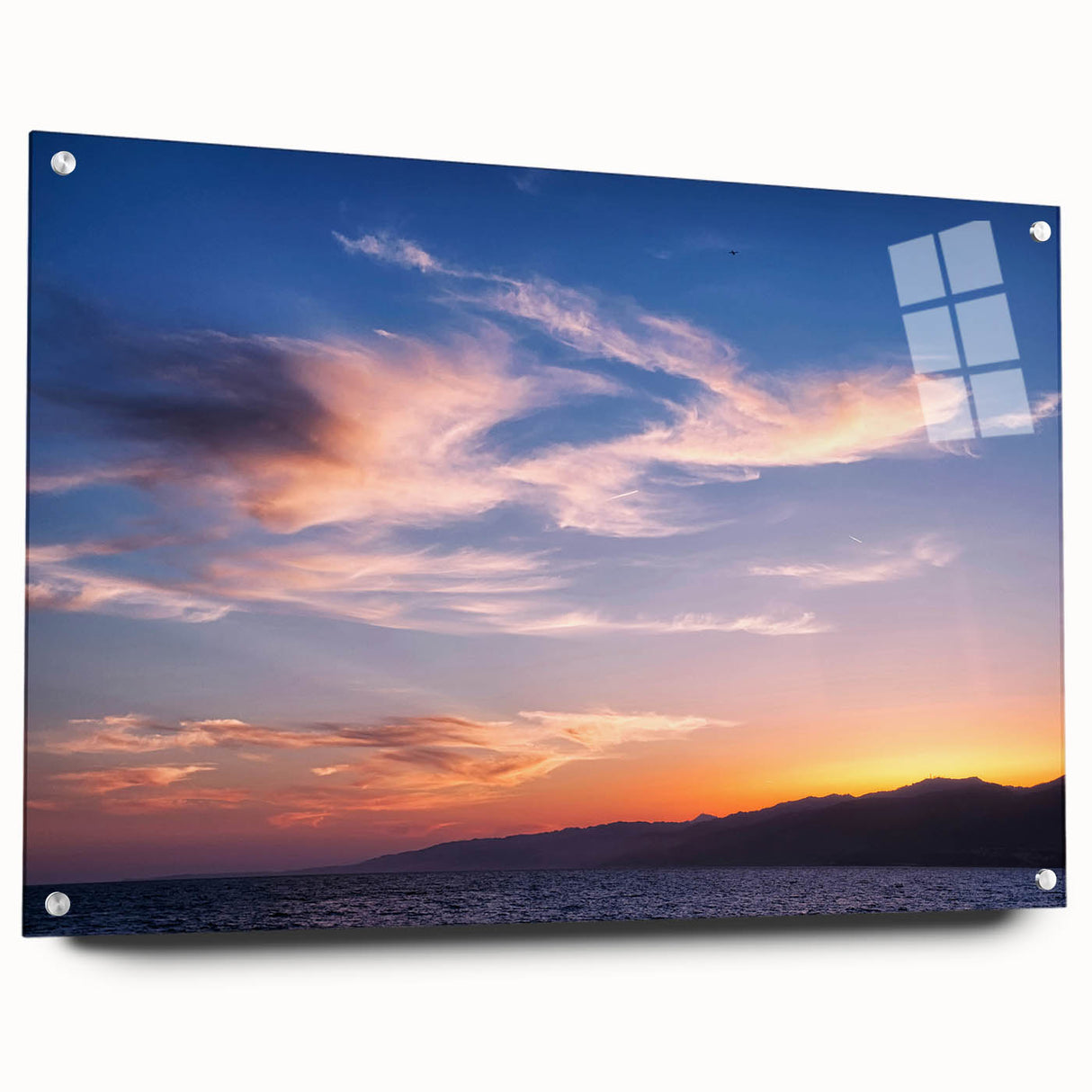 Acrylic print of a large abstract depiction of Santa Monica in muted blue and gray tones.