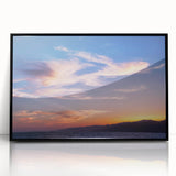 Large abstract wall art depicting the Santa Monica skyline in muted blue and gray tones on a framed acrylic print.