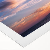 Art deco poster featuring Santa Monica scenery in muted blue and green tones on rolled canvas.