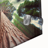 Large abstract wall art of California sequoias in muted earth tones on acrylic glass, ideal for dining room ambiance.