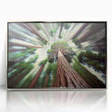 Mid-century modernist art depicting a California Sequoia landscape in muted earth tones on a framed acrylic print.