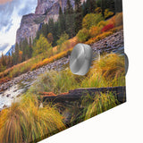 Large abstract depiction of Yosemite in muted earth tones on acrylic glass, ideal for dining room art.