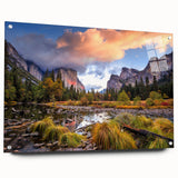 Acrylic print of Yosemite landscape, featuring earthy tones and realistic style, ideal for dining room decor.