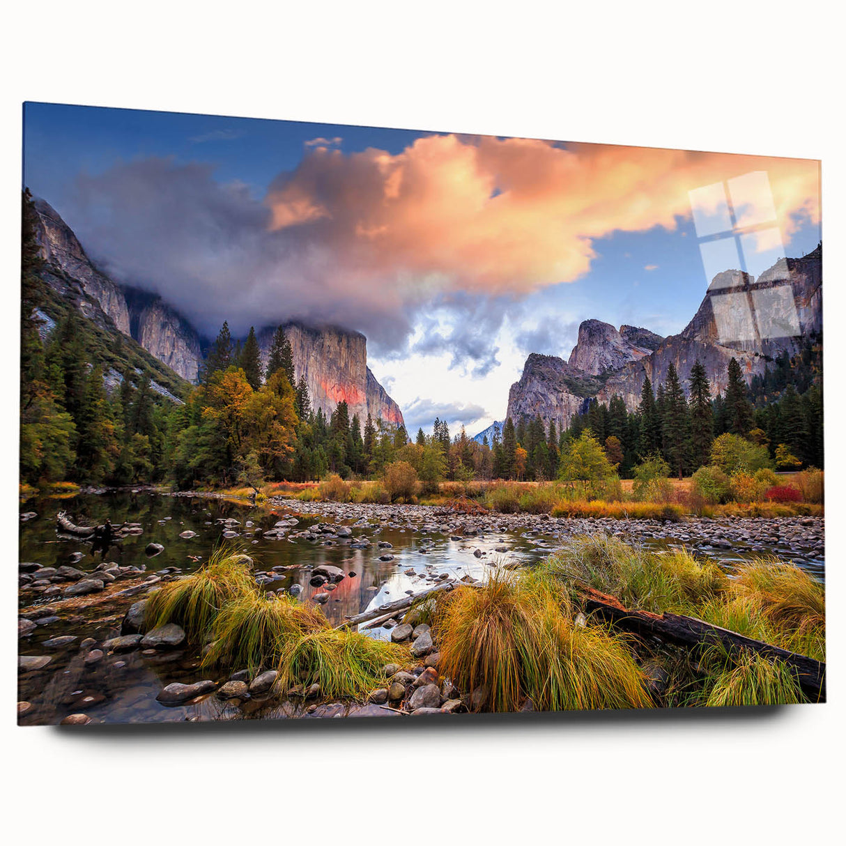 Acrylic print of Yosemite landscape in muted earth tones, suitable for bedroom or dining room decor.