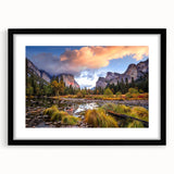 Extra large, textured abstract art print of Yosemite scenery in vibrant colors on a framed canvas.