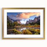 Extra large textured abstract art print of Yosemite scenery in muted earth tones, framed in gold.