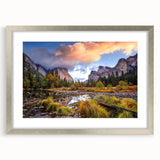Textured art print of Yosemite landscape in muted earth tones on a framed canvas, ideal for bedroom art.