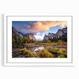 Abstract art print of Yosemite landscape in muted earth tones on white framed canvas, suitable for dining room decor.