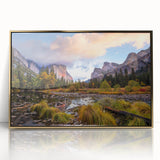 Mid-century modernist style large art print of Yosemite scenery in muted earth tones on framed acrylic.