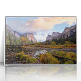 Acrylic print of Yosemite landscape in muted earth tones, framed in white, suitable as modern art wall decor for a nursery.