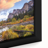 Black framed canvas of Yosemite scenery with textured, colorful art, ideal for extra large living room wall.