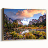 Framed canvas of Yosemite landscape in muted earth tones, ideal for bedroom wall art.