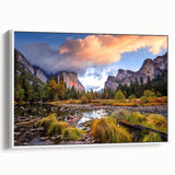 Vintage poster art of Yosemite on framed canvas, featuring colorful art with black hints, ideal for living room decor.