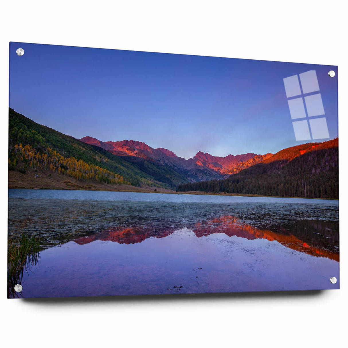 Acrylic print of a large abstract depiction of Vail, Colorado in cool blue and green tones.