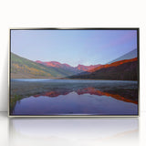 Mid-century modernist art depicting Vail, Colorado landscape in muted earth tones on a silver-framed acrylic print.