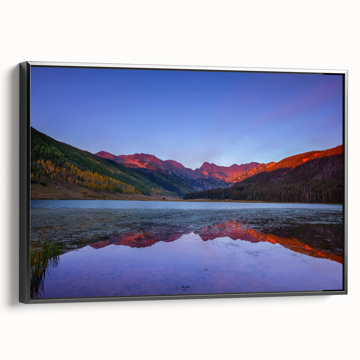 Black and white framed canvas of Vail, Colorado landscape, ideal for bedroom wall decor.