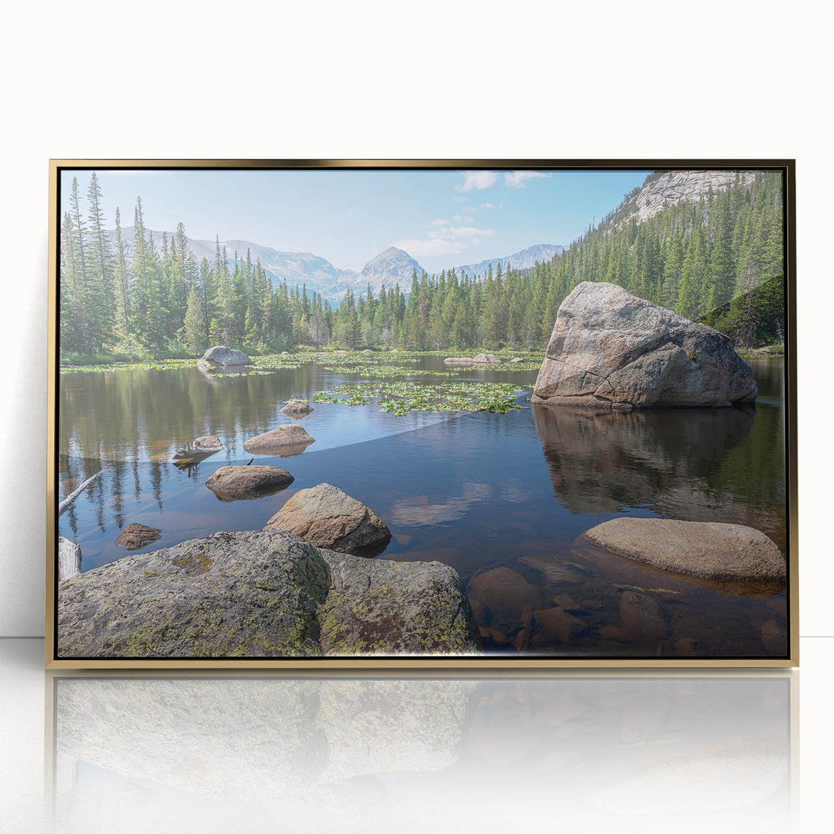 Framed acrylic print of Boulder, Colorado scenery in mid-century modernist style with gold and green tones.