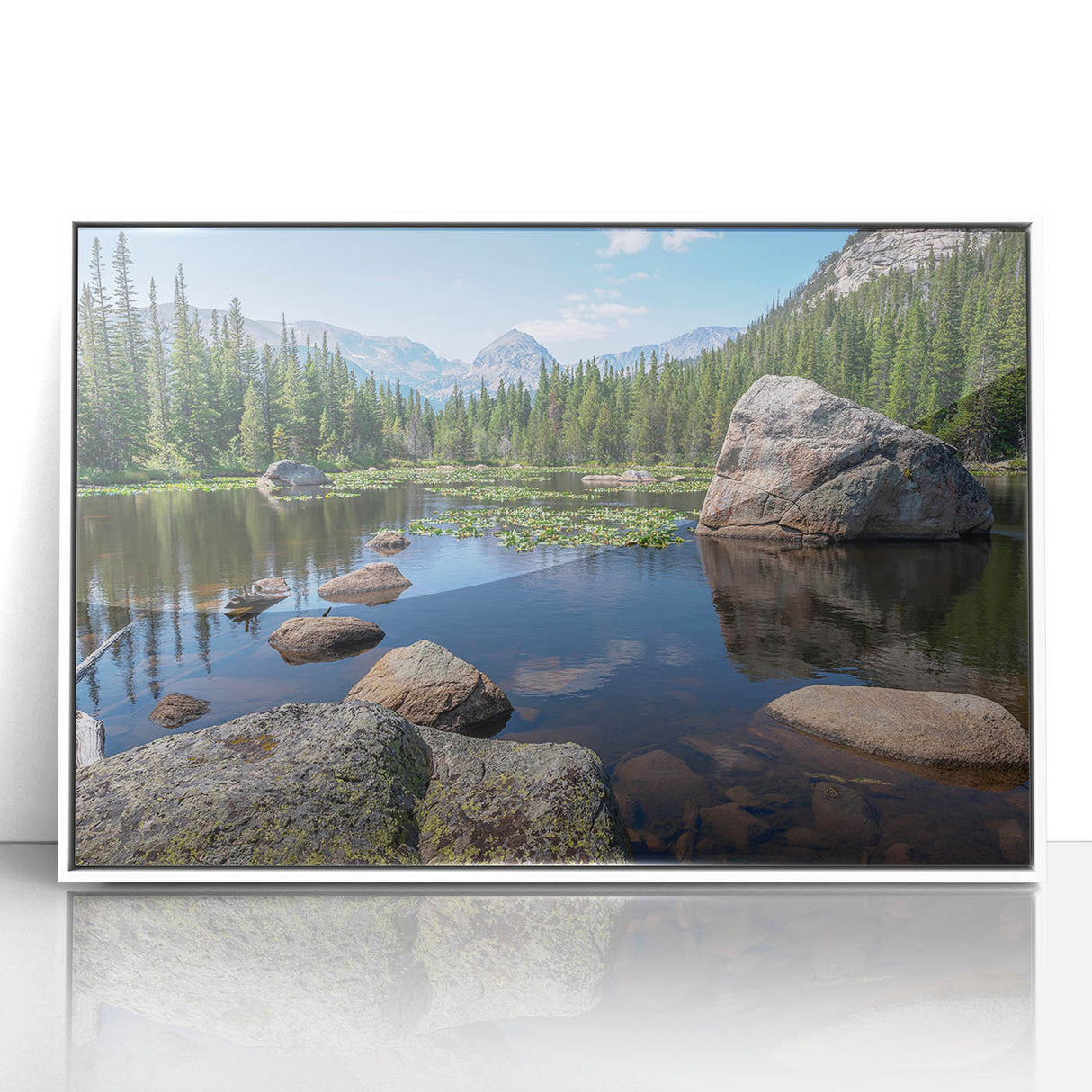 Art deco poster of Boulder, Colorado scenery in muted earth tones on white framed acrylic.