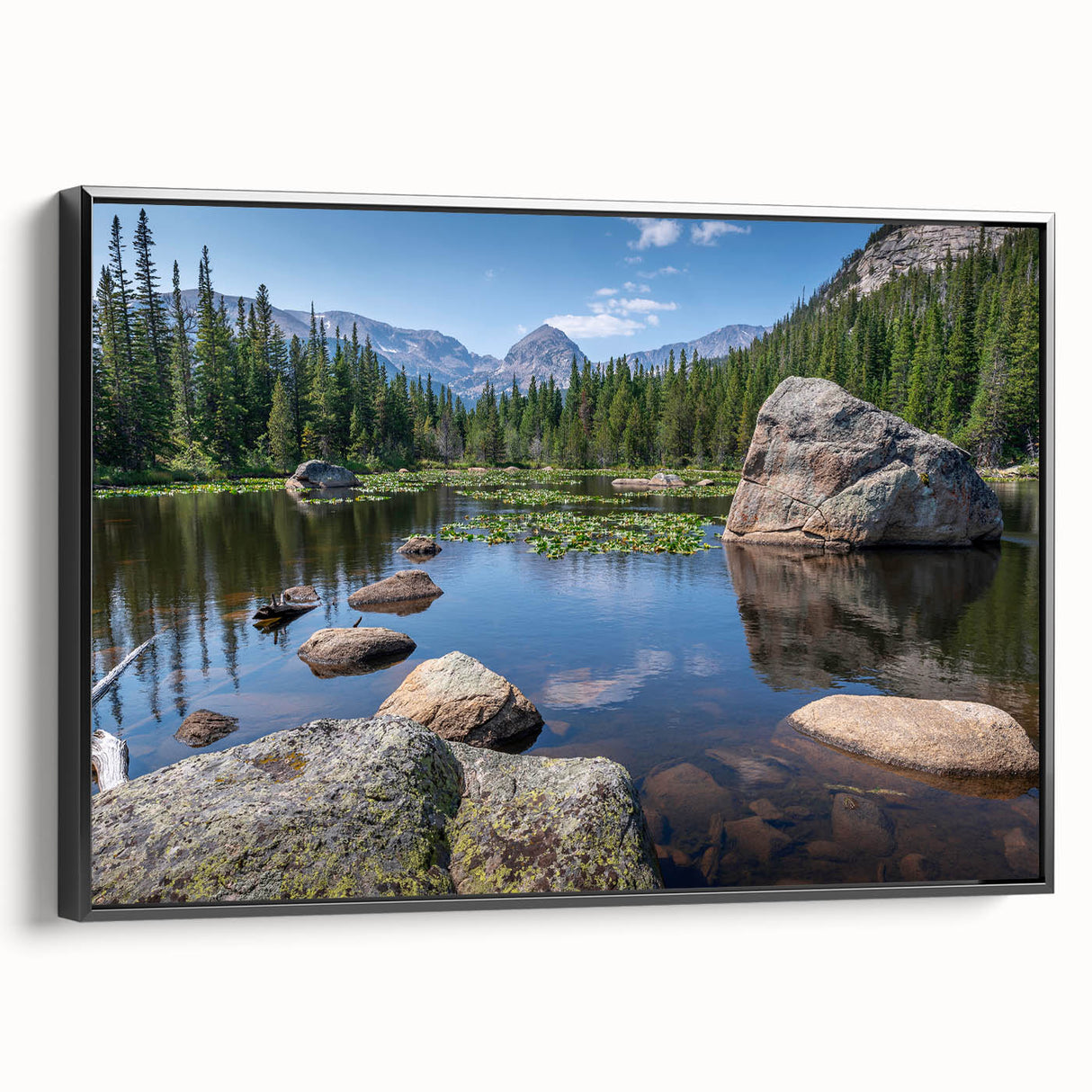 Black and white landscape painting of Boulder, Colorado on framed canvas, ideal for bedroom wall decor.