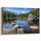 Framed canvas featuring a vintage-style landscape painting of Boulder, Colorado in gold and black tones.
