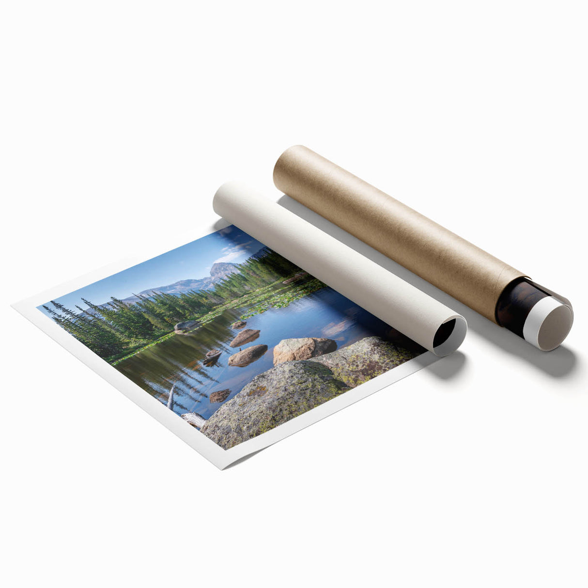 Extra large rolled print of Boulder, Colorado scenery with floral motifs in soft color tones.