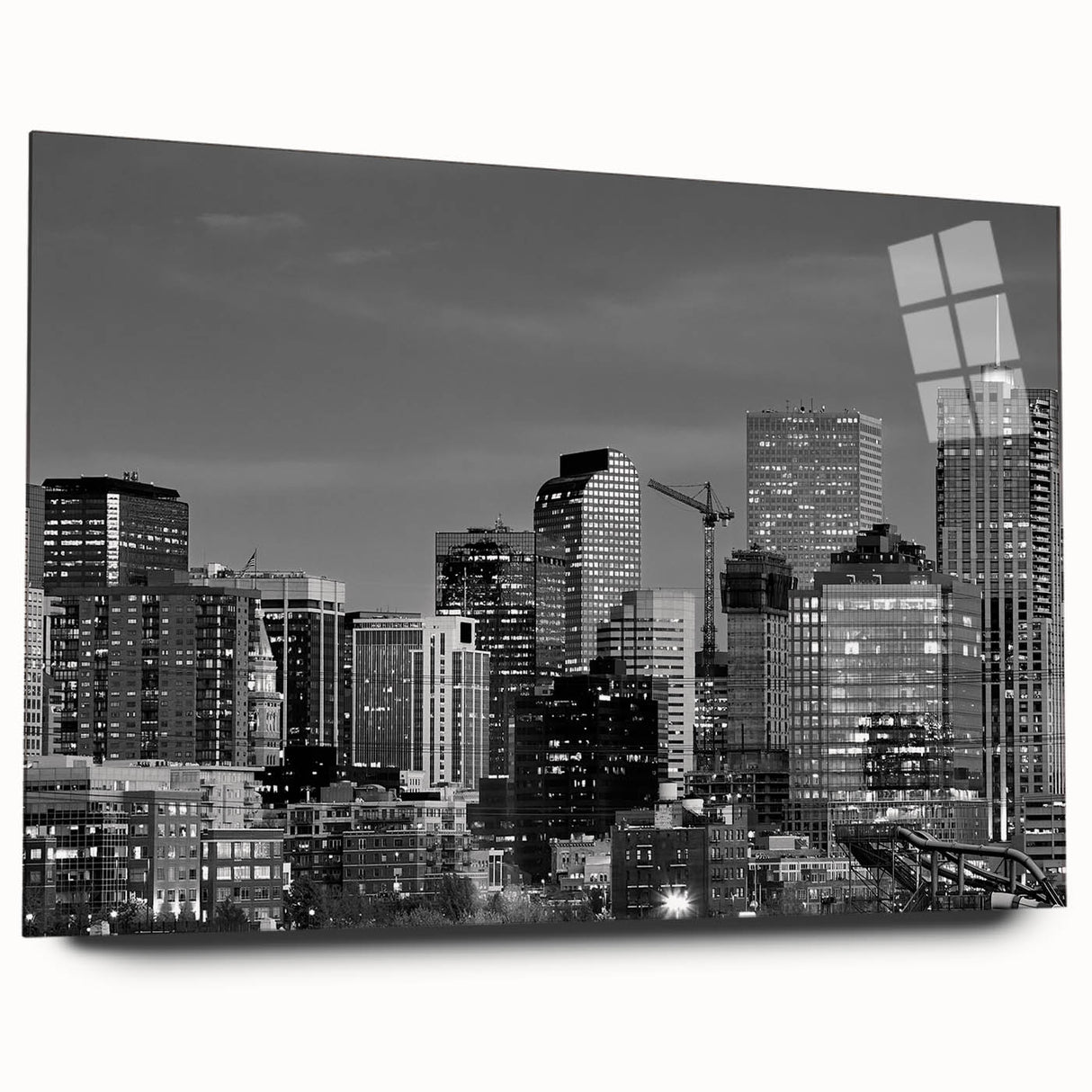 Large abstract depiction of Denver skyline in muted gray and blue on acrylic, ideal for bedroom or dining room art.