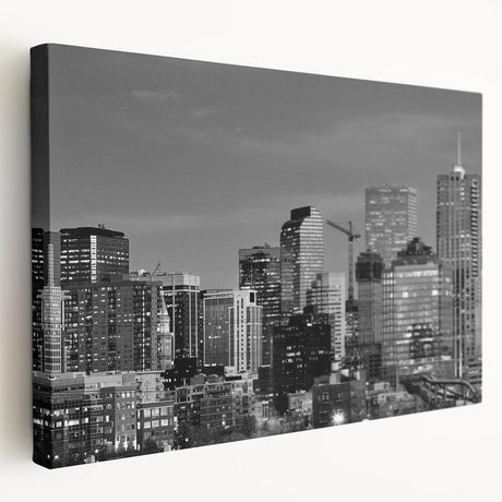 Denver skyline depicted in vibrant sunset colors on a large stretched canvas, suitable for kitchen wall art.