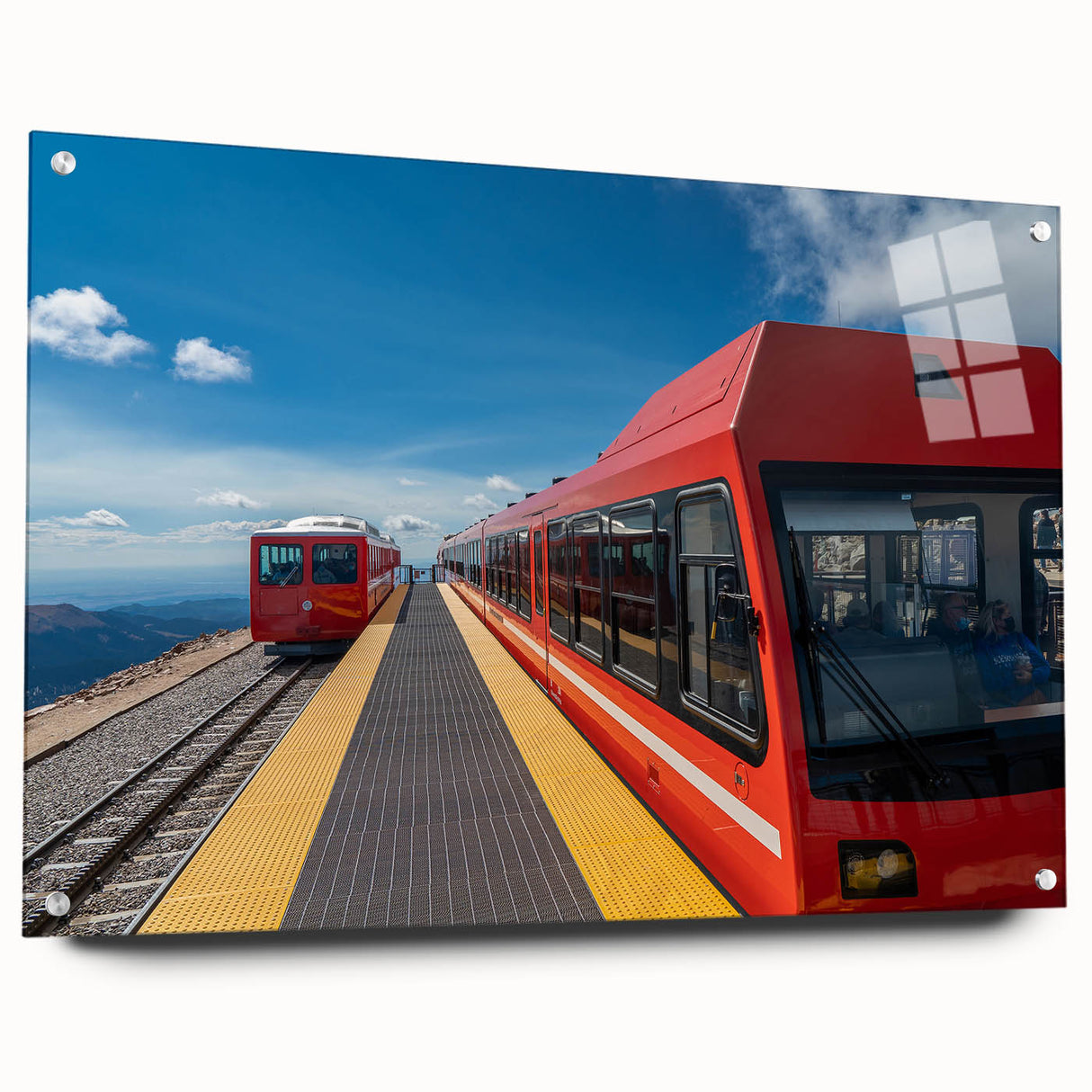 Acrylic print of Pikes Peak in Colorado, featuring earthy green and blue tones, ideal for dining room decor.