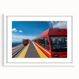 Abstract art print of Pikes Peak with muted earth tones on a white-matted frame, suitable for dining room decor.