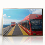 Mid-century modernist style large art print of Pikes Peak, Colorado in muted brown and gold tones on framed acrylic.