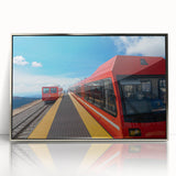 Mid-century modernist art depicting Pikes Peak in Colorado, framed acrylic in silver, with subdued earthy tones.