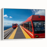 Vintage poster art of Pikes Peak, featuring muted earth tones on a framed canvas, ideal for living room decor.