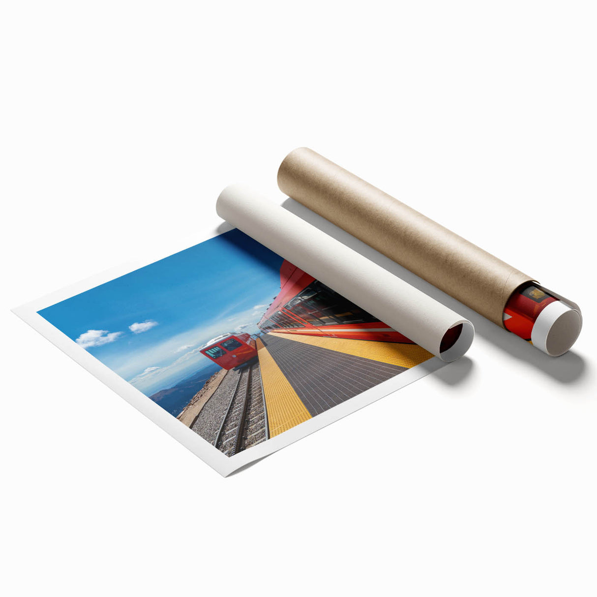 Extra large rolled print of Pikes Peak, Colorado, with soft pastel floral accents, ideal for classy bathroom wall art.