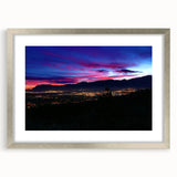 Textured art depicting abstract Colorado Springs scenery in cool blue and gray tones on a framed silver mat.