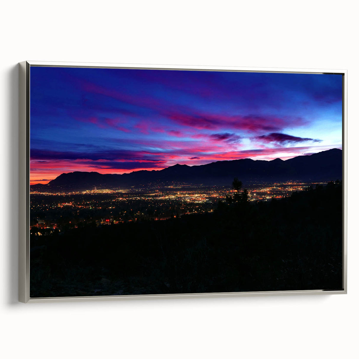 Framed canvas of a Colorado Springs landscape in muted earth tones, ideal for office or study decor.
