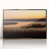 Large art print of a Connecticut landscape in mid-century modernist style, with muted earth tones on a framed acrylic.