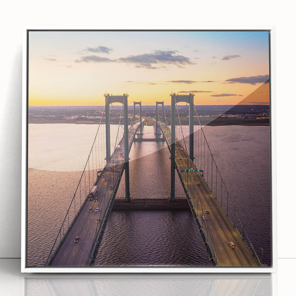 Art deco poster of Delaware scenery in muted blues and greens on a white acrylic frame, suitable for nursery wall art.