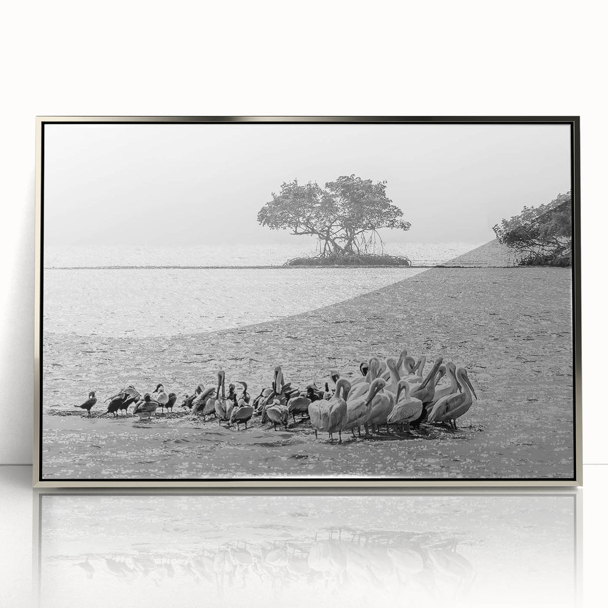Mid-century modernist art depicting the Everglades in muted green and blue tones, silver-framed acrylic print.