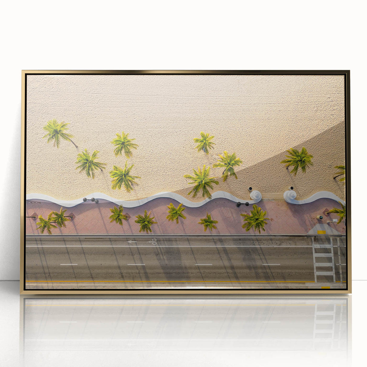 Framed acrylic print featuring a mid-century modernist depiction of Fort Lauderdale in muted gold and blue tones.