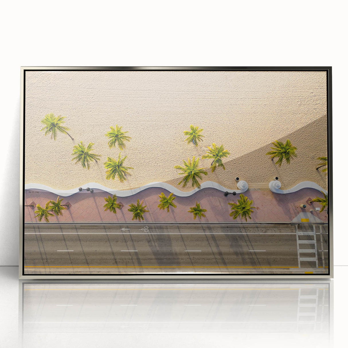 Mid-century modernist art depicting Fort Lauderdale skyline in pastel shades on a silver-framed acrylic print.