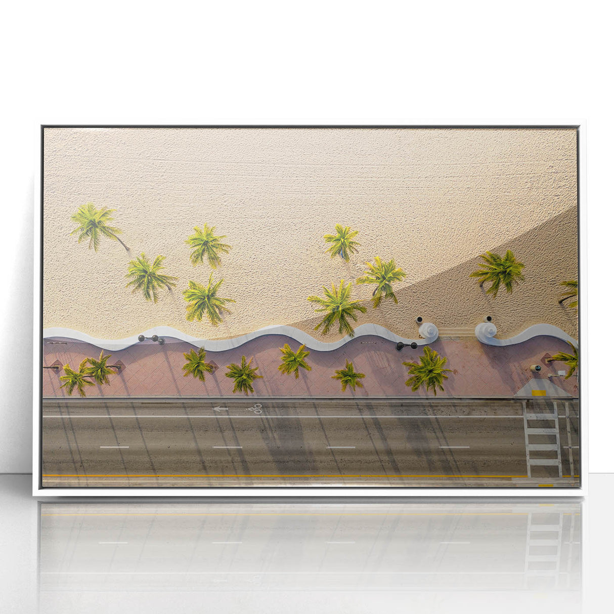 Art deco poster of Fort Lauderdale scenery in muted blue and white tones, acrylic framed.