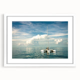 Abstract art print of Florida Keys in soft blue and green tones on a framed white matte canvas.