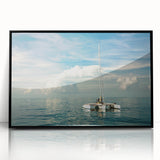 Large abstract wall art depicting the Florida Keys in muted blue and green tones on a framed acrylic.