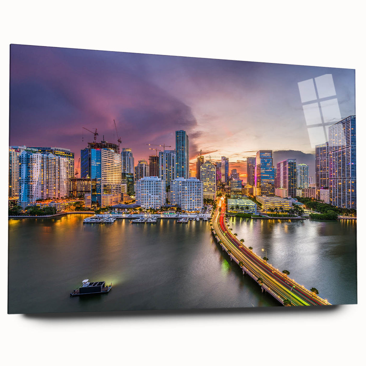 Large abstract depiction of Miami skyline in vibrant sunset colors on acrylic glass, suitable for bedroom or dining room art.