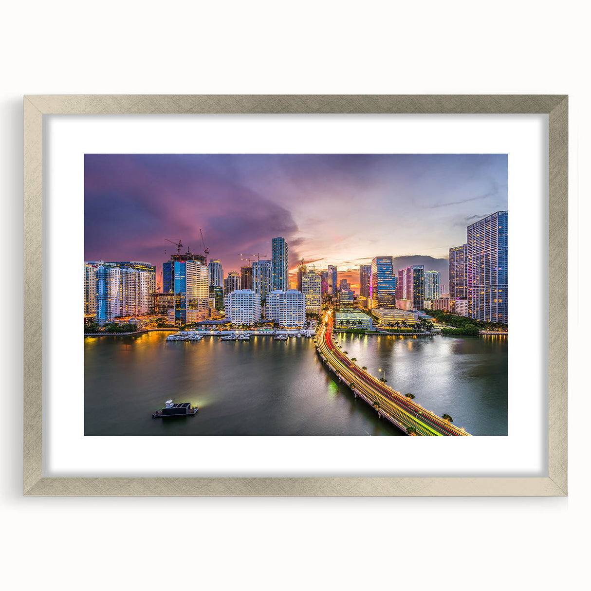 Abstract Miami skyline in textured art style on silver-framed canvas, ideal for modern bedroom decor.