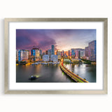 Abstract Miami skyline in textured art style on silver-framed canvas, ideal for modern bedroom decor.