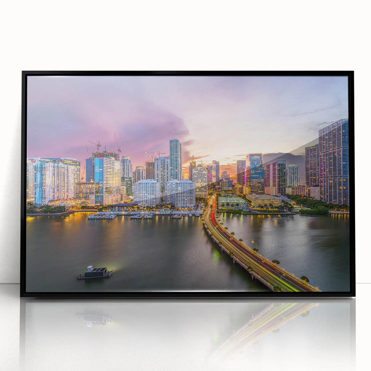 Large abstract wall art featuring a vibrant depiction of Miami's skyline on a framed acrylic panel.